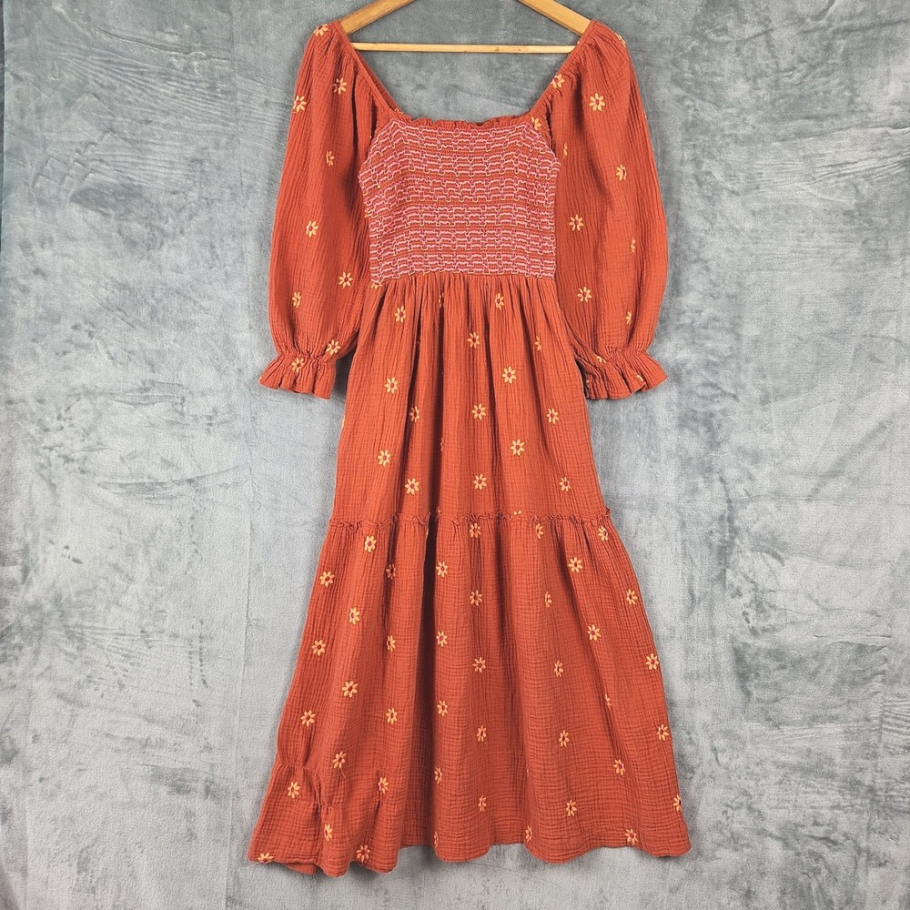 Womens Dress Medium Boho Daisy Peasant Prairie Tiered Smocked Gauze Midi Pockets